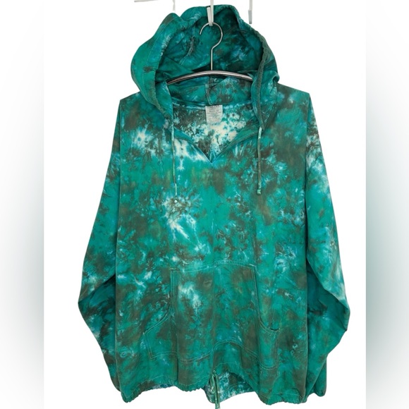 1990s Y2K Molina Stylish Teal Tie-Dye 100% Cotton USA Drawstring Hoodie Size XXL - Picture 1 of 11